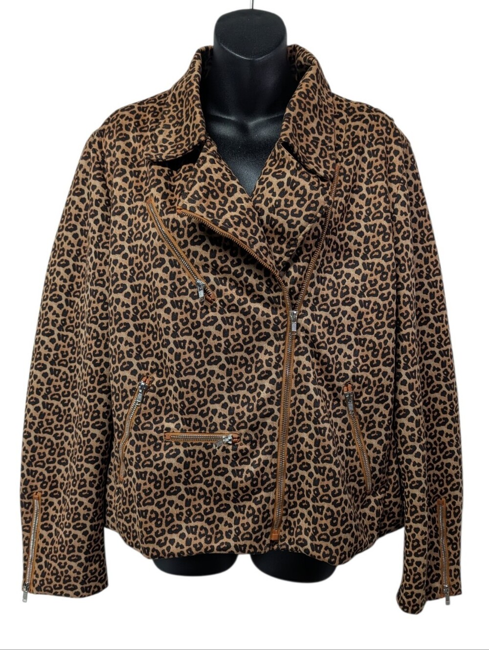 Women's Leopard Print Biker Jacket Brown/Black Size 2XL Full Zip Lined